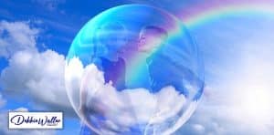 children inside a magical bubble against a blue sky and rainbow to illustrate an article about children and hypnotherapy