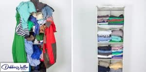 image of untidy and tidy possessions to illustrate article on decluttering