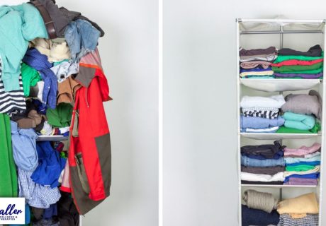 image of untidy and tidy possessions to illustrate article on decluttering