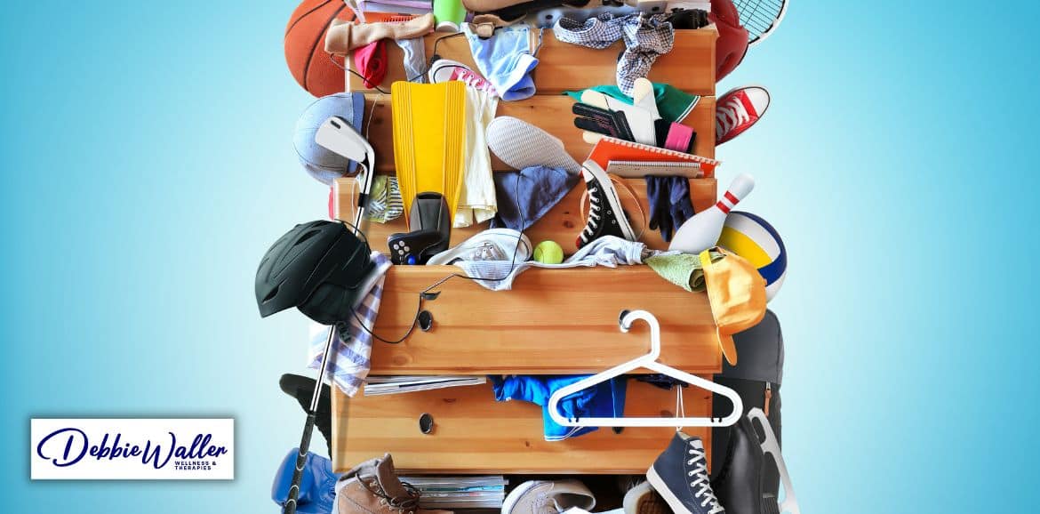 image of items bursting out of a chest of drawers to illustrate an article on mental health and clutter