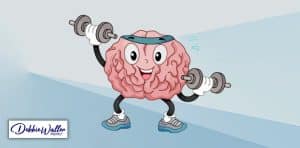 image of a cartoon brain lifting weights to keep fit, to illustrate an article about keep your brain healthy