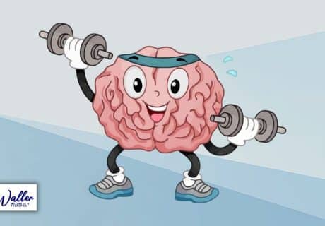 image of a cartoon brain lifting weights to keep fit, to illustrate an article about keep your brain healthy