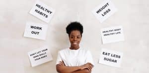 help to break a bad habit or develop a good one - woman surrounded by labels of different kinds of habit
