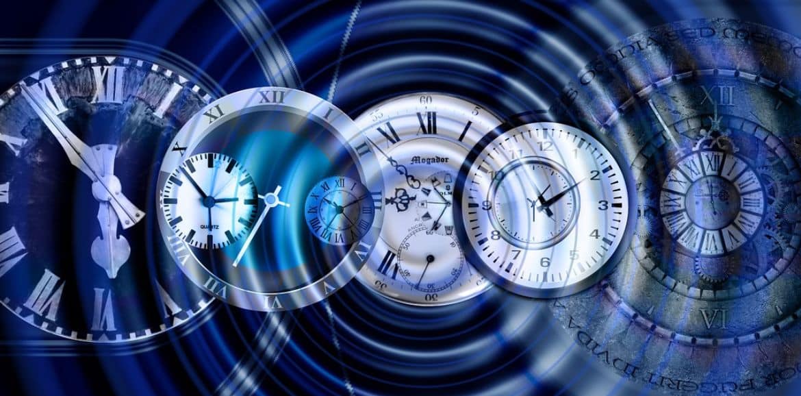 past life regression sessions in person and online, image of clocks overlaid on a spiral