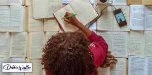 woman surrounded by paperwork to illustrate article on hypnotherapy research